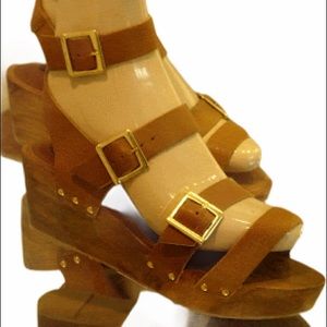 Topshop Tan Buckle Strap Leather Wooden Wedges